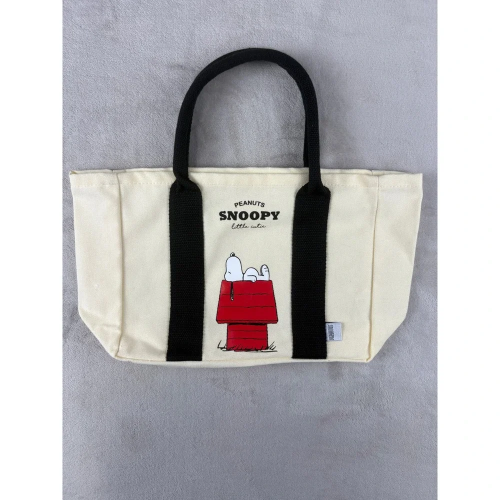 Peanuts Snoopy Little Cutie Canvas Tote Bag Cream Black Doghouse Graphic Small